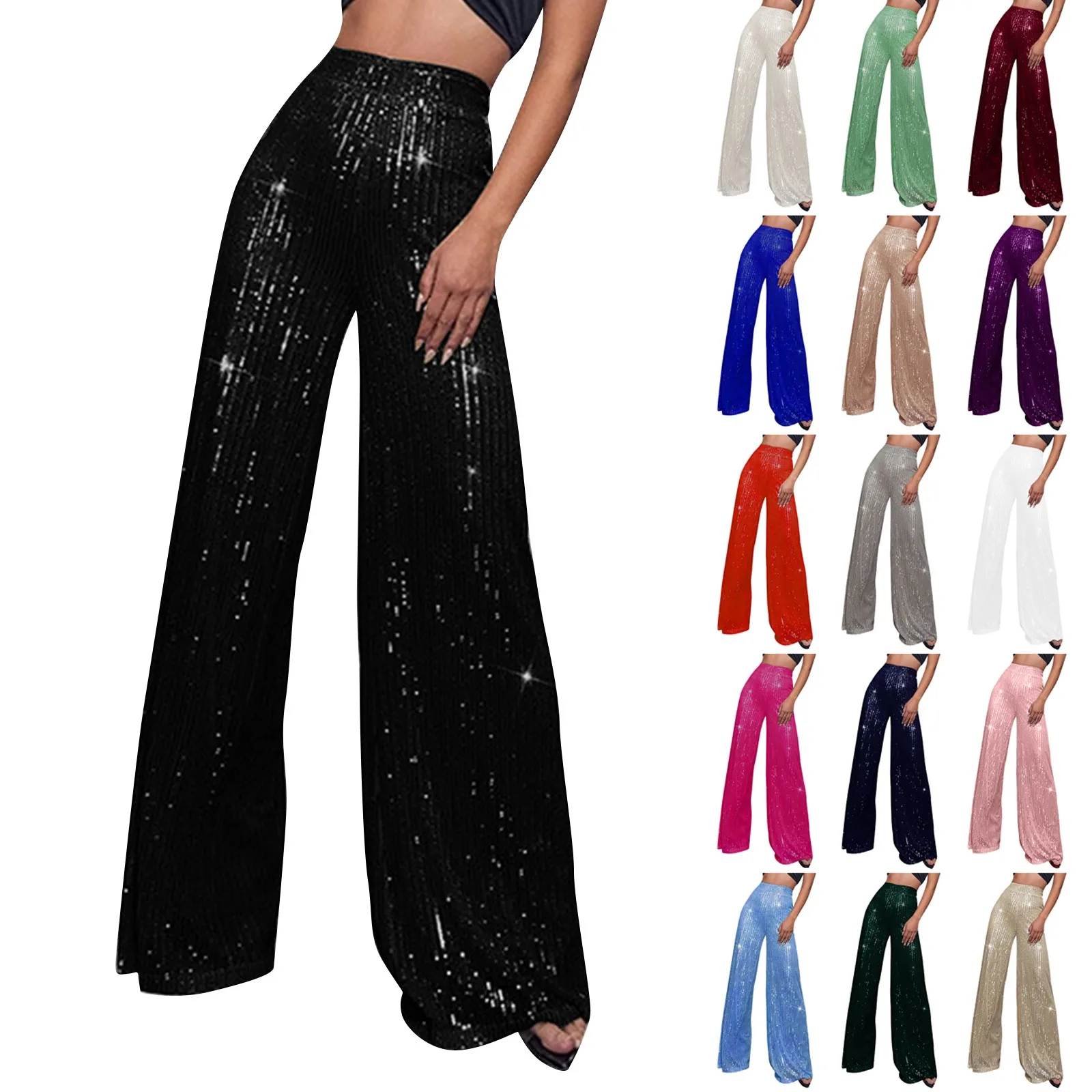 

Fashion Sequin Side Zipper Draped Wide Leg Pants Korean Style Women Trousers Solid Color High Waist Loose Mopping Long Pants