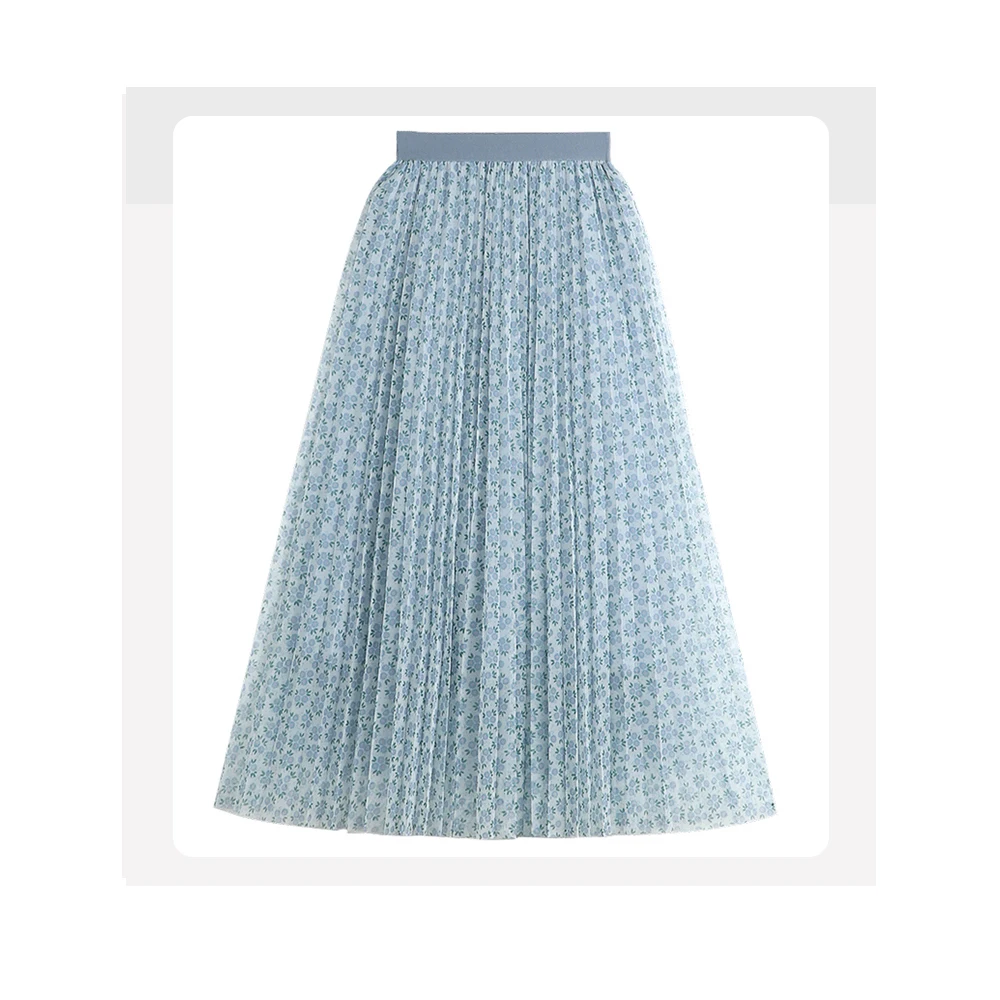 Pleated Printed Mesh Skirt Women's 2022 Spring New High-waisted Thin Mid-length Large Swing Fairy Chiffon Skirt tutu skirt