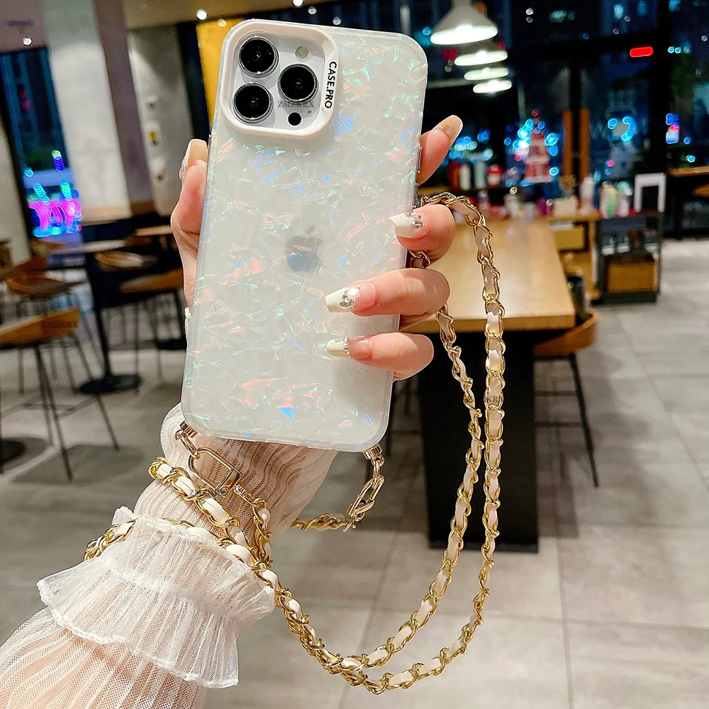 Metal Chain Crossbody Leather Lanyard Phone Case with Glitter Marble Design