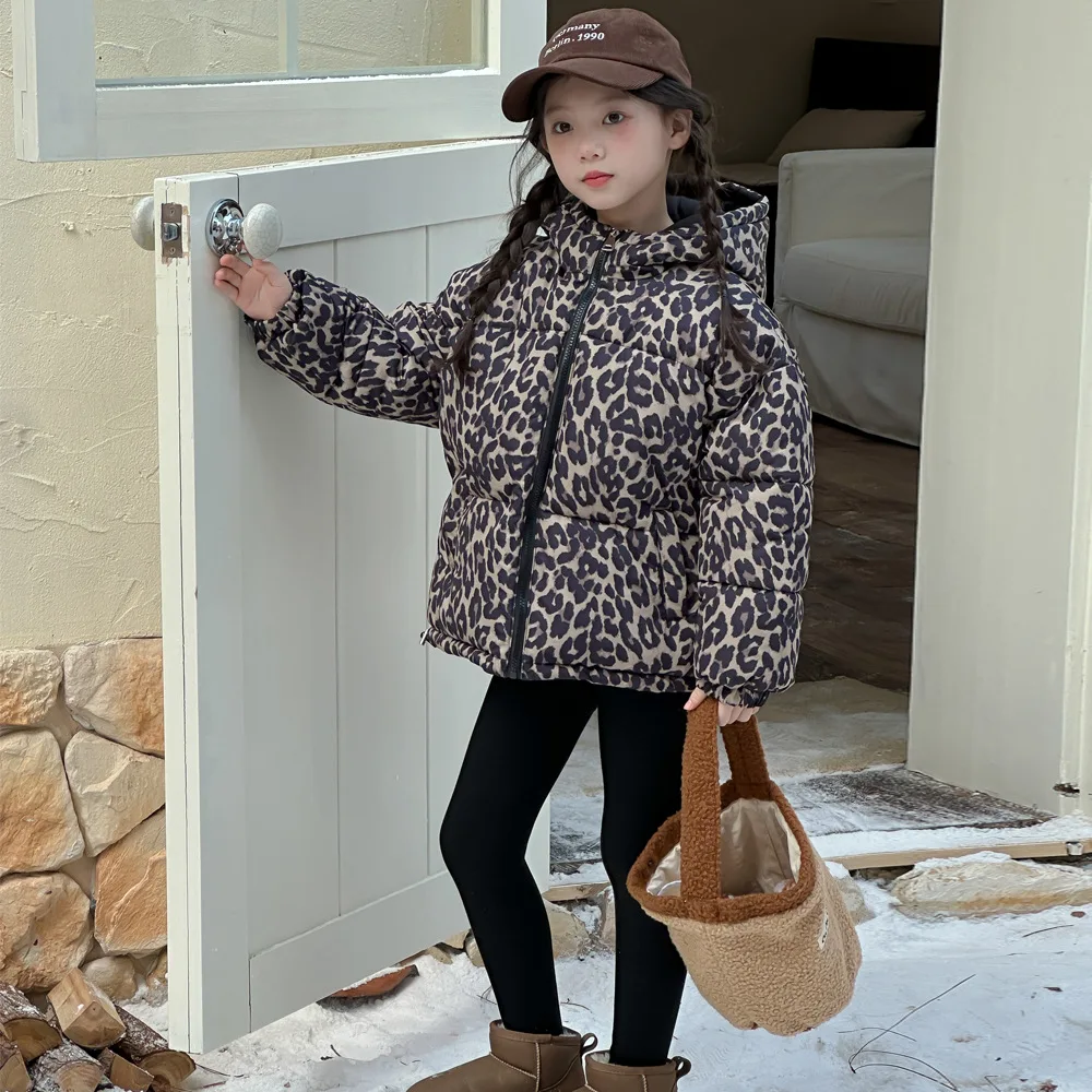 Girls Coat Autumn New Childrens Clothes Girls Baby Western-style Leopard Print Double-sided Hooded Padded Jacket