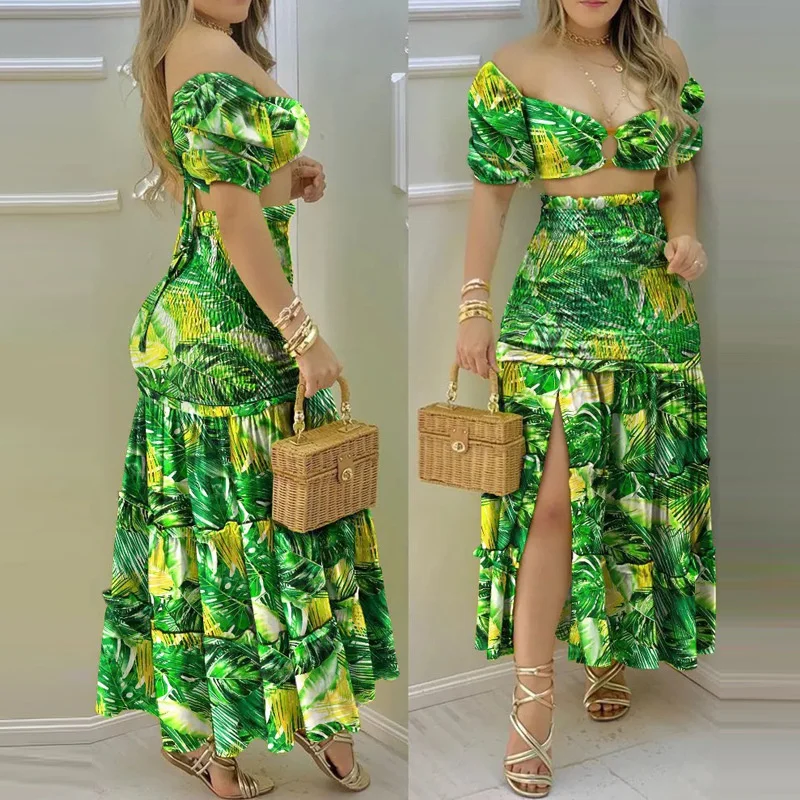 

2023 Spring Summer New Women's Fashion Elegant Sexy Bohemian Off Shoulder Printed Split Skirt Two Piece Set High Waist Skirt