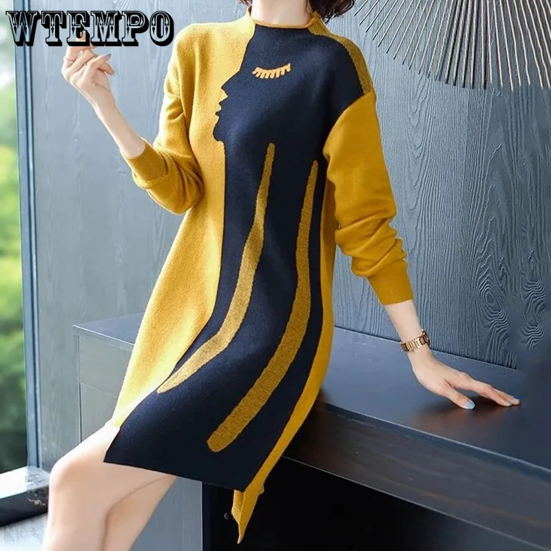 

WTEMPO Spring Fall New Mid-length Knitted Dresses Women Fashion Large Size Casual Loose Versatile Long Sleeve O-Neck Dresses