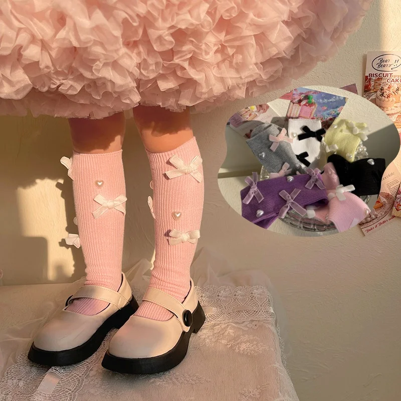 

1 Pair Sweet Kids Girl Calf Sock Chic Korean Velvet Bow Heart Style Pile Sock for Child Spring Autumn Soft Cotton One Size Sock