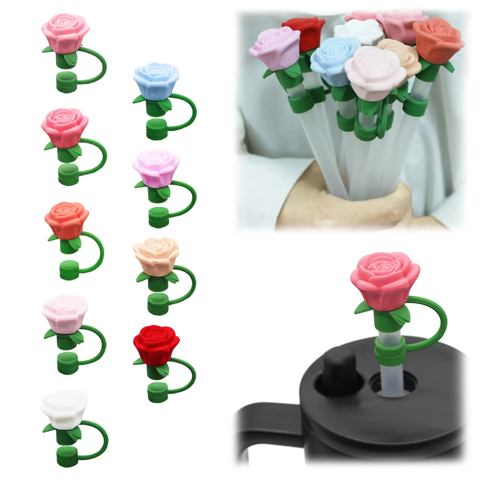 Valentine's Day Straw Covers Cap For Cup Rose Flower Straw Toppers Reusable Rose Flowers Proof Tip Cover For Valentine's Gift straw covers