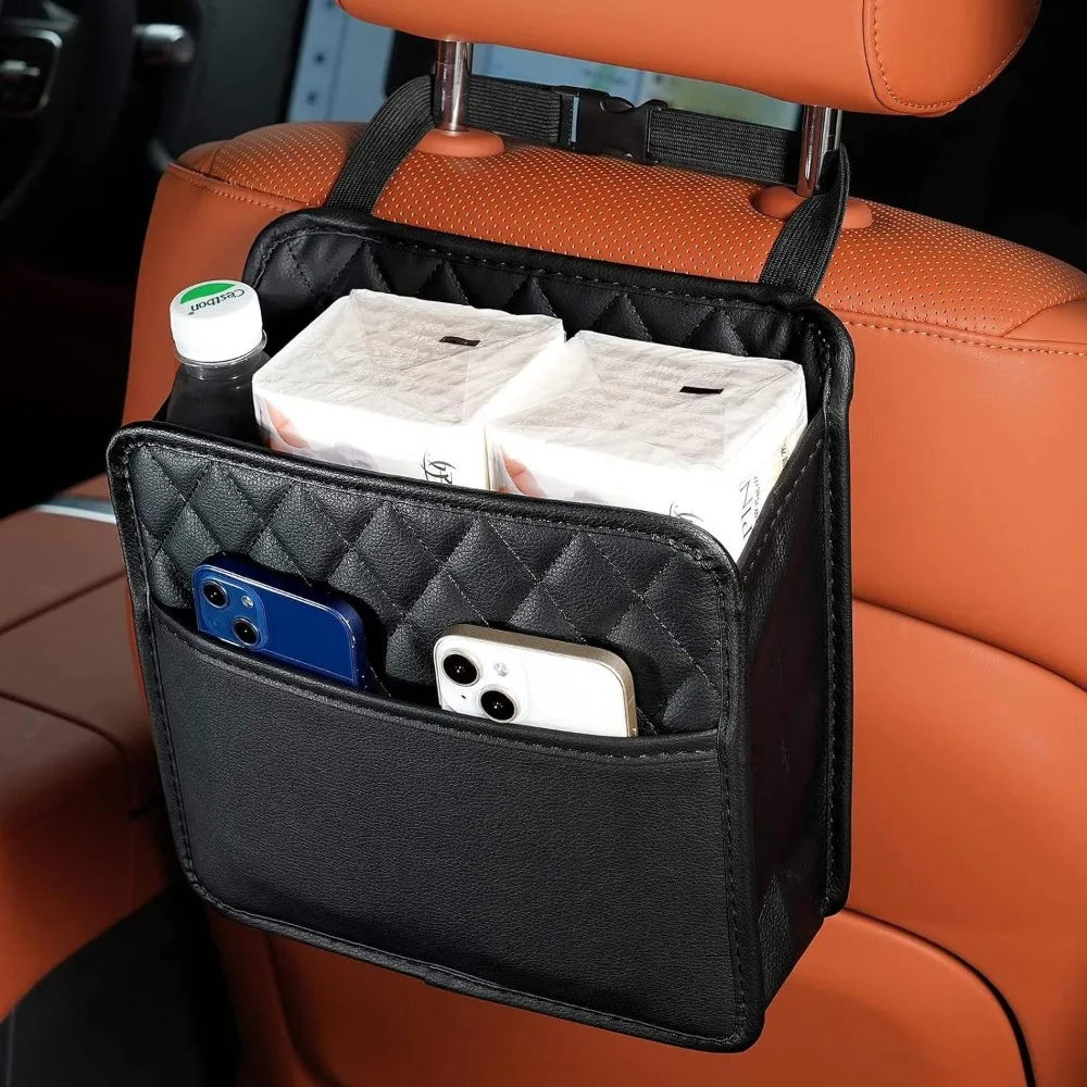Universal Car Seat Back Storage Bag Waterproof Leather Multifunctional Hanging Organizer Foldable Integrated Garbage Bin Large