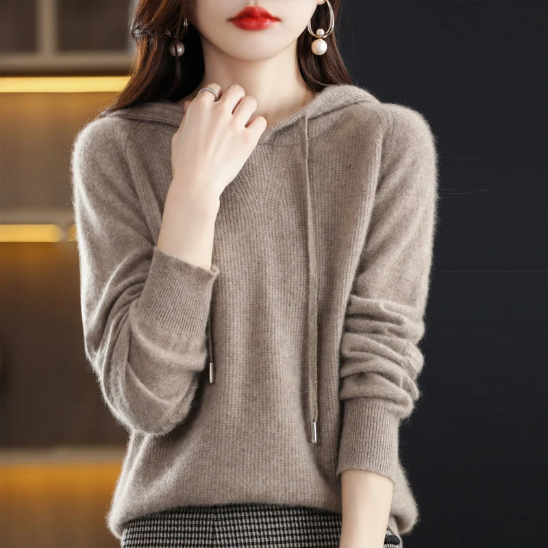 Merino Wool Hooded Sweater Women's Autumn/Winter New Long Sleeve Solid Color Pullover Cashmere Knit Hooded Drawstring Pullover