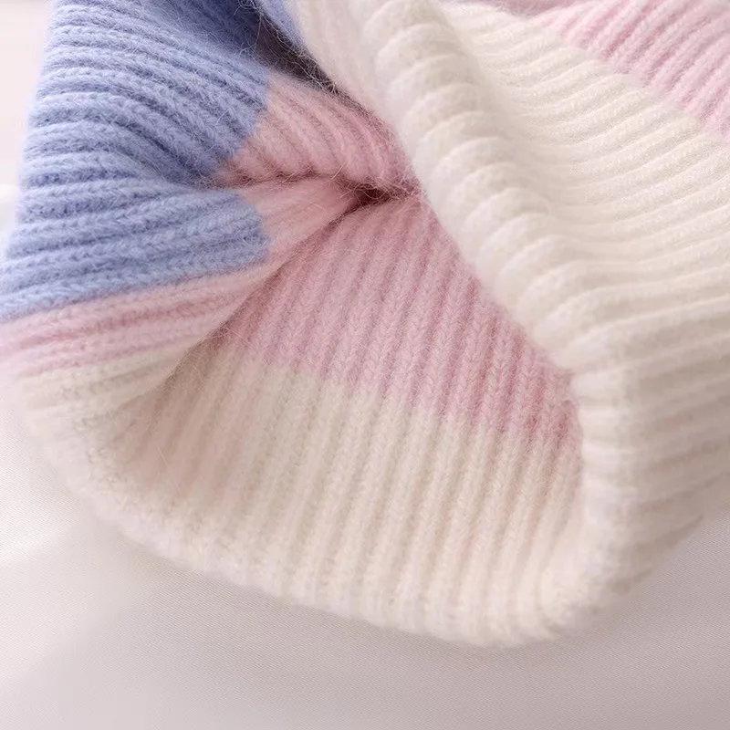 Knitted Beanie Hat For Women Warm Winter Rabbit Fur Patchwork_voghion.com