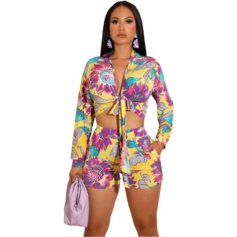 2 Piece Set Printed African Clothes Long Sleeve Tops And Elastic Waist Shorts Matching Set Women Casual Tracksuit Outfits Street