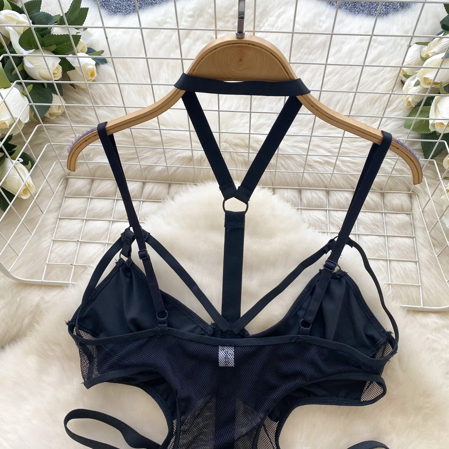 close-up of soft mesh fabric and stretch straps