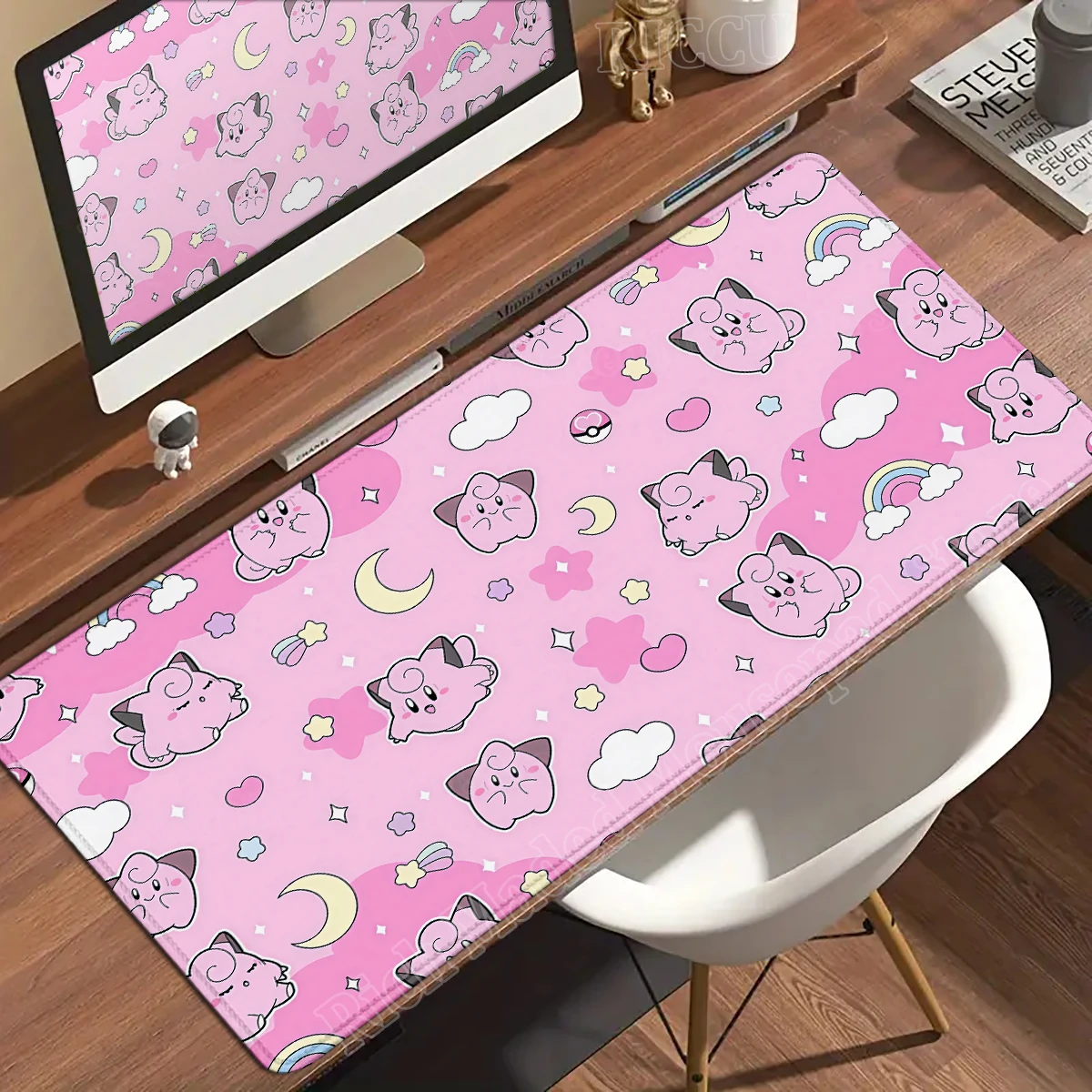 Kawaii Pink Anime Desk Mat with Clefairy & Jigglypuff Design