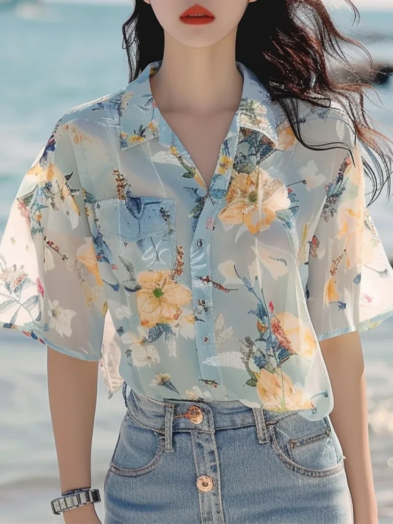 Chiffon Women's Shirt Summer Prints Vintage Blouses Loose Short Sleeve Women Tops Floral Fashion Clothing 2024 Korean