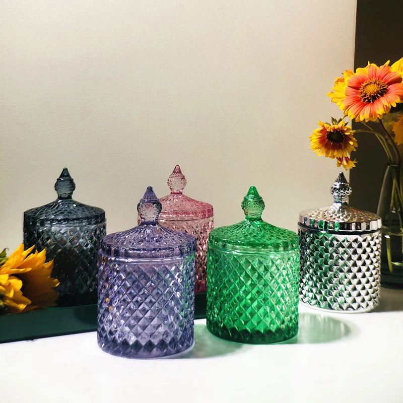 Storage Box Storage Jar Storage Sets Household Storage Sets Crystal Glass Jar European-style Diamond Pattern Candy Storage Box Cotton Swab Box Sealed Jar Living Room Home Furnishings