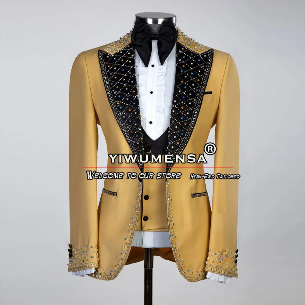 

Champagne Suits Men For Wedding Colorful Beads Jacket Vest Pants 3 Pcs Formal Groom Tuxedos Prom Party Man Blazer Traje Hombre