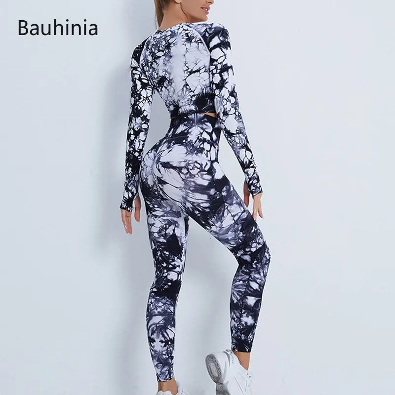 

Bauhinia Sports Yoga Sets Women Outfits Tie Dyed High Waist Leggings Sports Cropped Top Fitness Suit Workout Two Piece Set