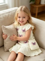Robe tendance pour filles pour l'été, haut décontracté à motif papillon pour filles, jupe à manches courtes + sac bandoulière 5