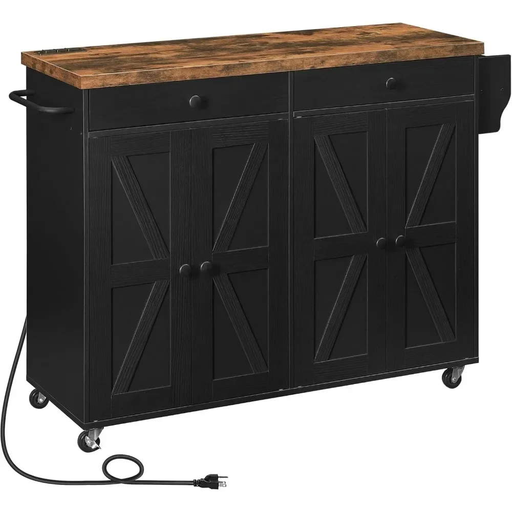Kitchen Island with Charging Station, Rolling Kitchen Island with Storage, Cart Spice Rack and Hooks