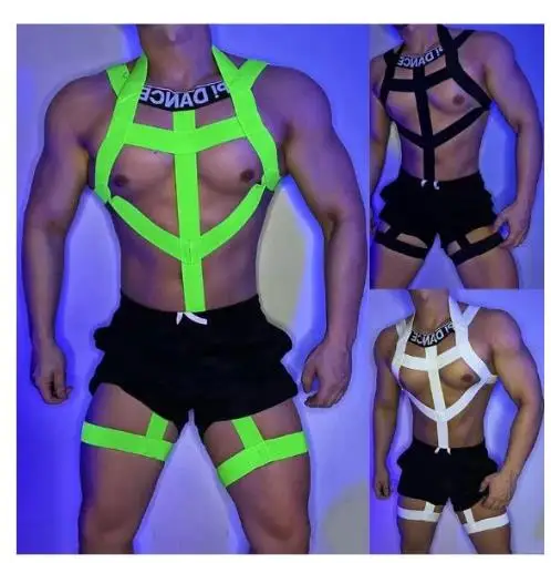 

Muscle Men Fluorescent Green Male Sexy Chest Strap Pole Dance Stage Costume Nightclub Gogo Dancing Clothes Rave Outfit