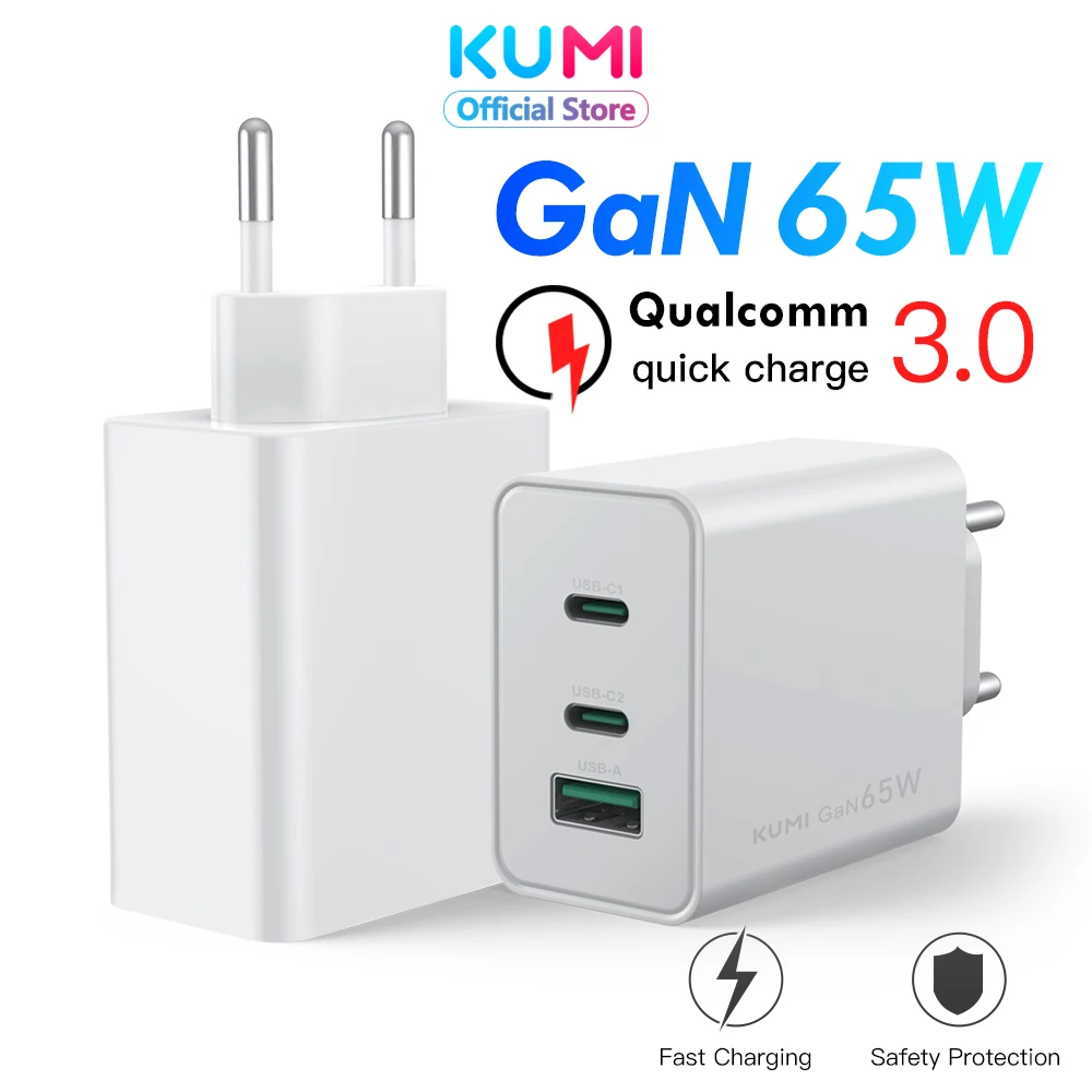 

Зарядное устройство KUMI USB Type C P65 GaN, 65 Вт, портативное зарядное устройство USB C, поддержка быстрой зарядки Type C PD для Xiaomi iPhone 13 12 Pro Max 11