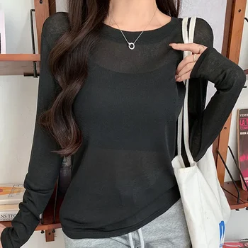 تي شيرت أساسي برقبة دائرية واقي من الشمس وأكمام طويلة رفيع تي شيرت للنساء للربيع والصيف تي شيرت كوري أنيق وردي تي شيرت ضيق Mujer 4