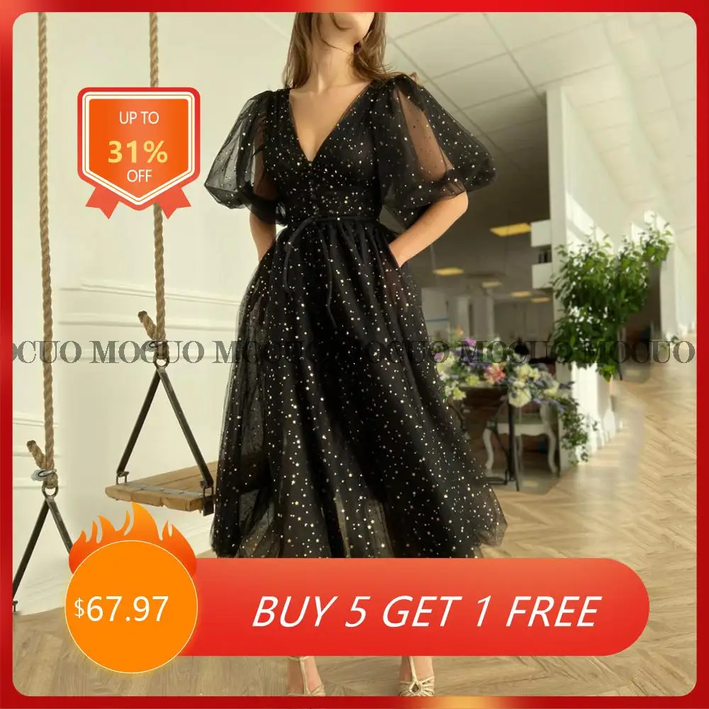 

Black Starry Tulle V Neck Prom Dress Tea Length Princess Evening Dress With Pocket Robe De Soiree 2022