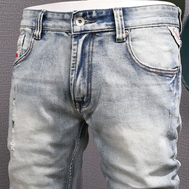 Italian Style Fashion Men Jeans High Quality Retro Washed Light Blue Elastic Slim Ripped Jeans Men Vintage Designer Denim Pants