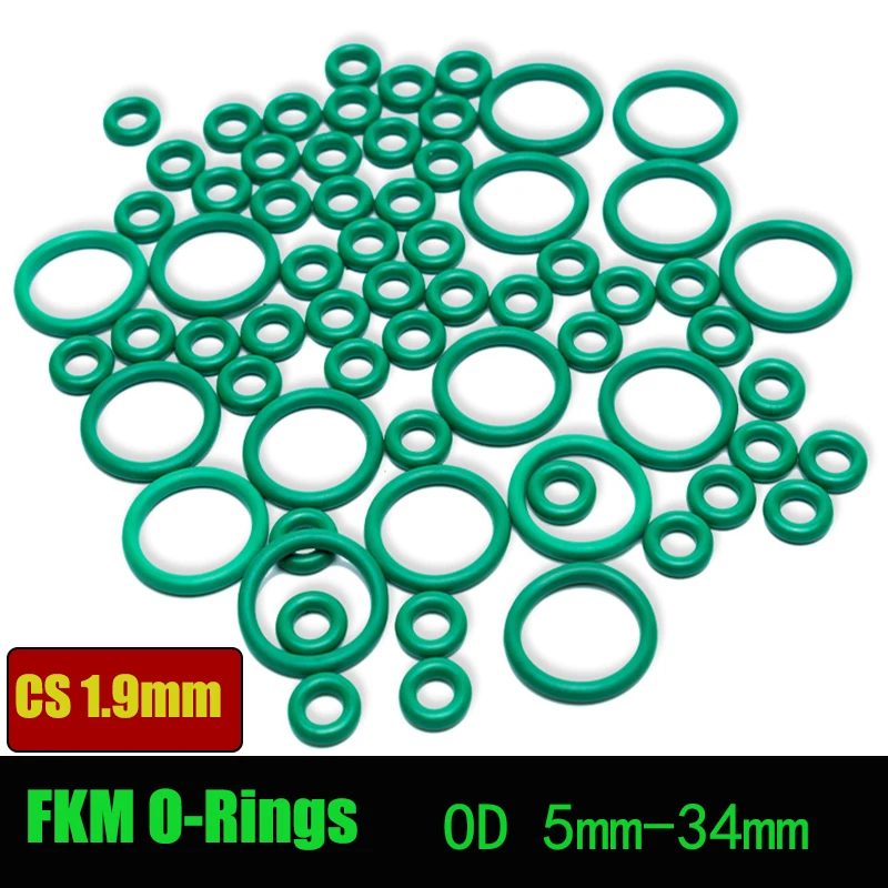 10/20/50Pcs 두께 1.9mm 녹색 FKM 불소 고무 O 링 가스켓 외경 5mm-34mm 라운드 O 링 씰 와셔 오일 내산성