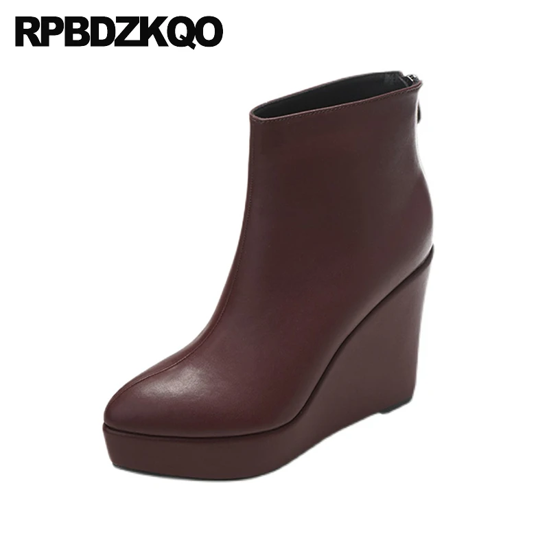 

Cowhide Shoes High Heels Women Genuine Leather Zip Up Pointy Toe Wedges Fetish Boots 33 Platform Super-high Small Size Booties
