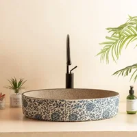 พอร์ซเลนสีฟ้าและสีขาวเซรามิคอ่างล้างหน้ารูปไข่ retro ระเบียงล้างมืออ่างล้างหน้าเดี่ยวห้องน้ําล้างหน้าห้องน้ําอ่างล้างจานอ่างล้างหน้า 1