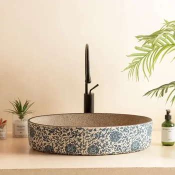 พอร์ซเลนสีฟ้าและสีขาวเซรามิคอ่างล้างหน้ารูปไข่ retro ระเบียงล้างมืออ่างล้างหน้าเดี่ยวห้องน้ําล้างหน้าห้องน้ําอ่างล้างจานอ่างล้างหน้า 1