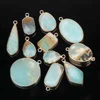Trendy Natural Amazonite Gold-Plated Edge Charms Pendant Water Drop Oval Round Pendant for Jewelry Making DIY Necklace Bracelets 2