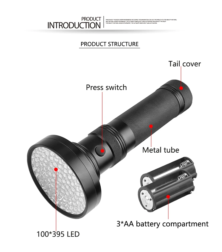 UV Flashlight 21/51/100 LED UV Light 395nm UV Flashlights Ultraviolet Torch Black Light Detector for Dry Pets Urine Stains Bug