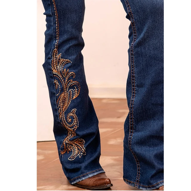 Jean en Denim coupe Boo pour femme, élégant, Cowgirl, broderie exquise, extensible et confortable, tenue de campagne, pantalon occidental pour femmes, T02 3