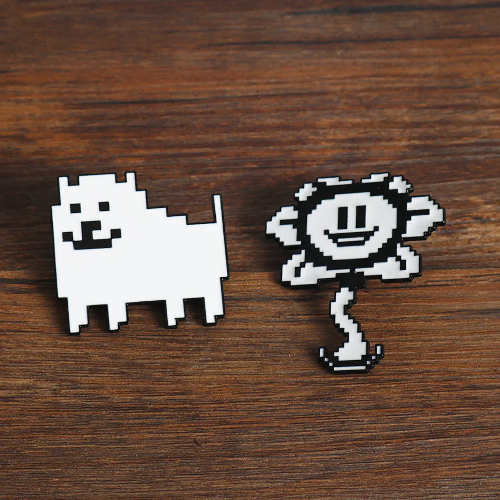 Game Undertale Animal Badge Brooch Pins Cute Black/White Pixel Cartoon Dog And Flowey Shape Cosplay Props