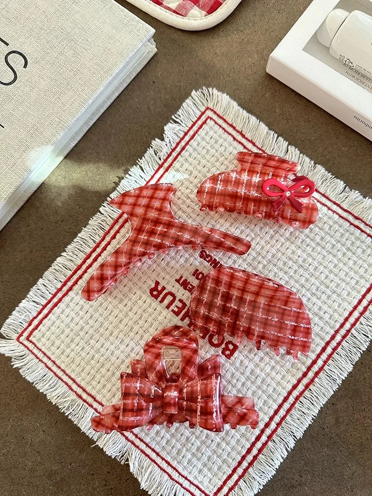 

Red Color Plaid Acetic Acid Flower Bowknot Hair Claw for Women Girl Sweet Hair Clip Christmas Hair Accessories 2024 NEW Headwear