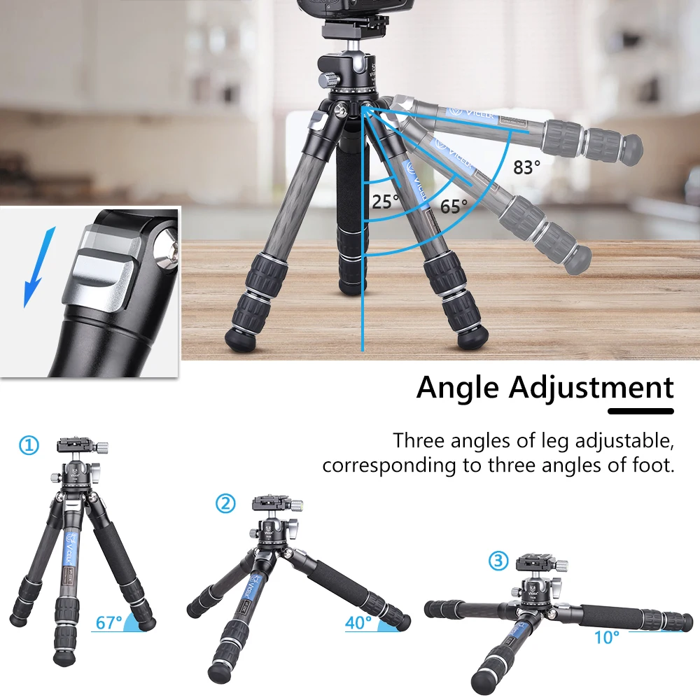 VT223C+TH28 Carbon Fiber Mini Lightweight Compact Tabletop Tripod with Magic Arm and Phone Clip for for Mobile Phone,Camera,DSLR