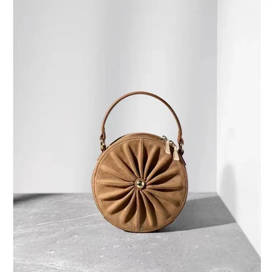 

Original Design Genuine Leather Frosted Portable Small Round Bag With High-end Pleated Women's Crossbody Bag