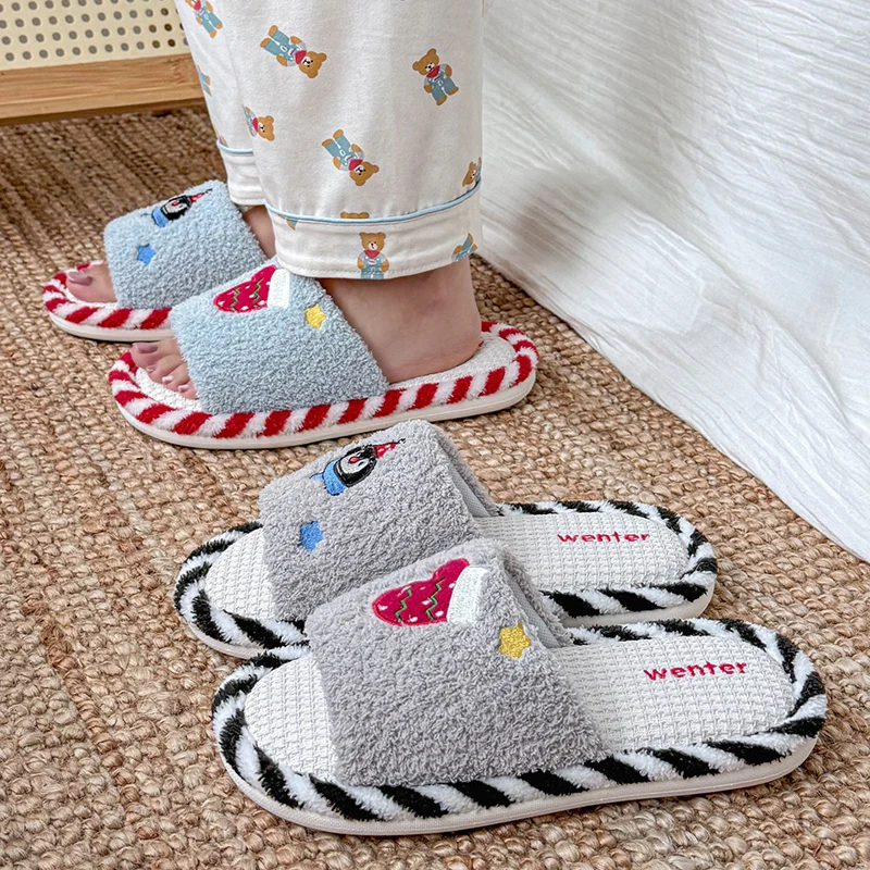 Cute Cartoon Embroidery Linen Slippers Women 2025 Korean Non Slip Home Slippers Woman Open Toe Soft Sole Indoor Slides Female
