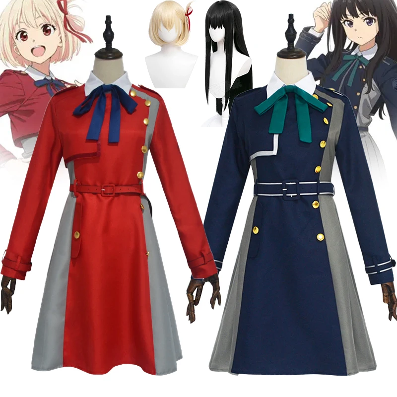 

Anime Lycoris Recoil Nishikigi Chisato Inoue Takina Cosplay Costume Red Blue Uniform Dress Wig Halloween Clothing Girls Women