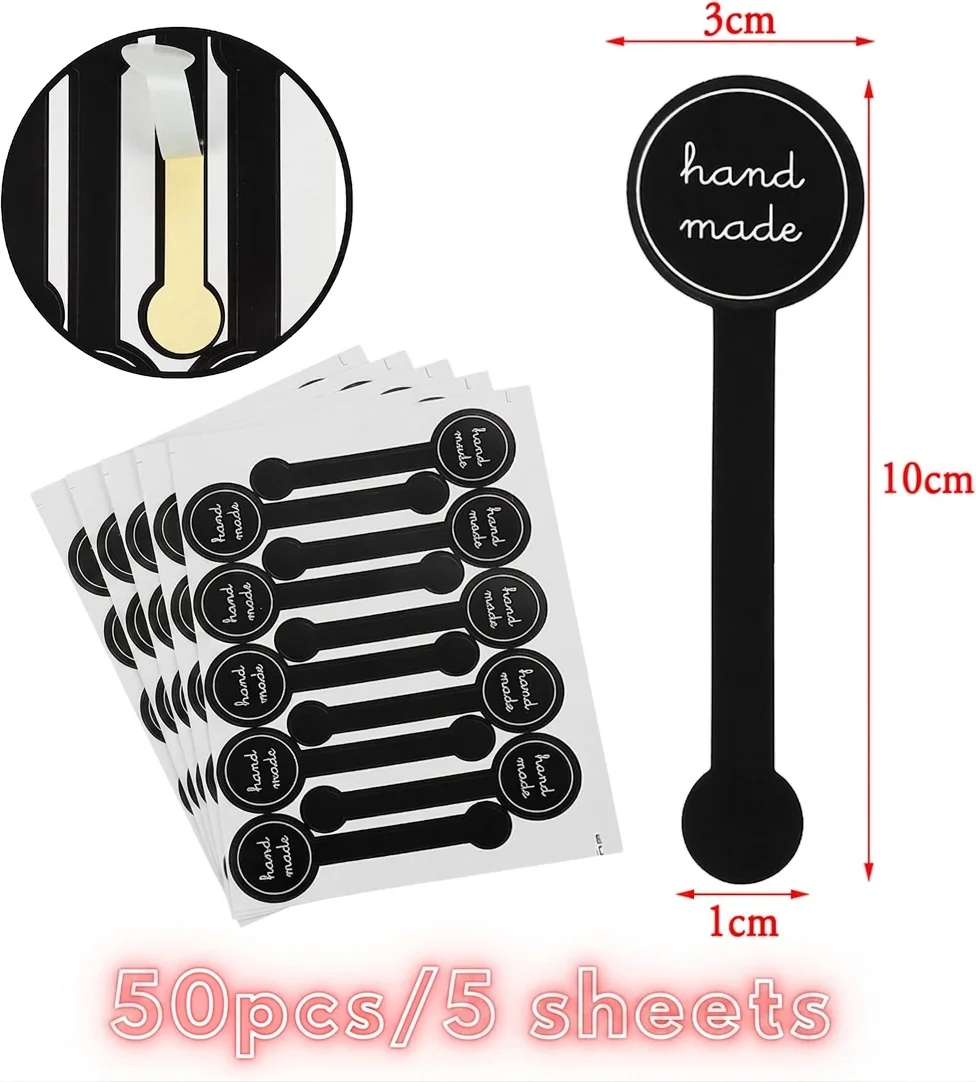 50pcs 수제 긴 씰링 스티커 빵집 케이크 상자 캔디 과자 패키지 포장용 검정색 자체 접착 변조 방지 라벨