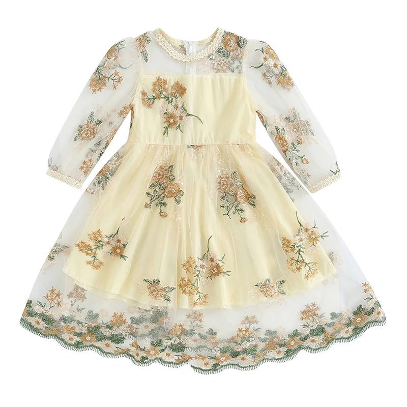 

Kids Girls Casual Dress Long Sleeve Dress Crew Neck Embroidery Flower Patchwork Fall Dress