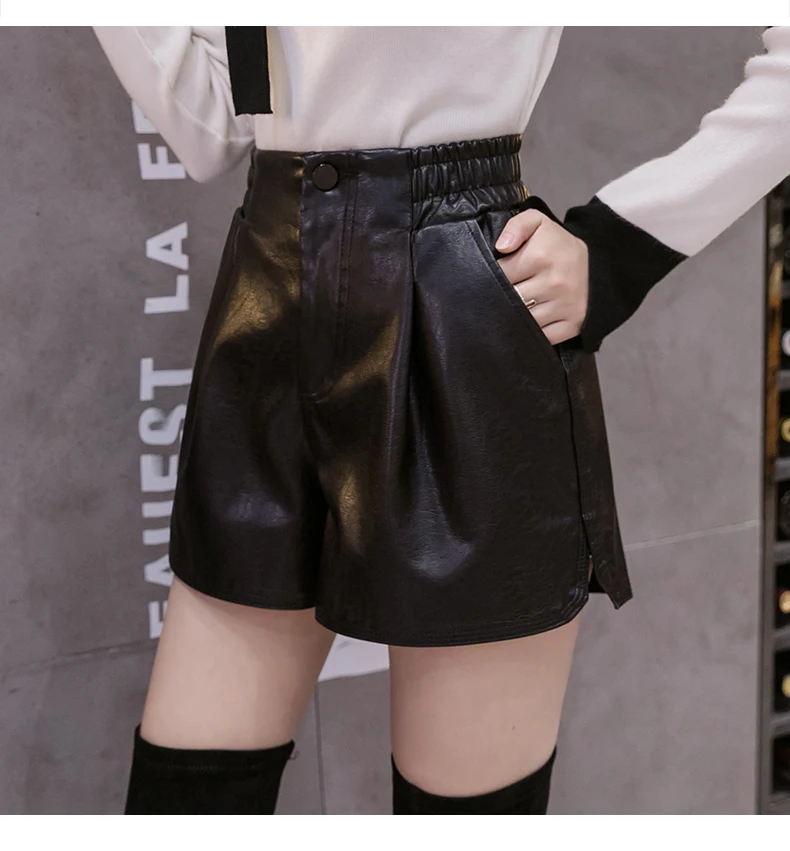 Black Loose Soft Pu Leather Shorts Women Wide Leg Faux Leather Shorts High Waist 2021 Winter Female Short Pants Femme Pantalon short pants