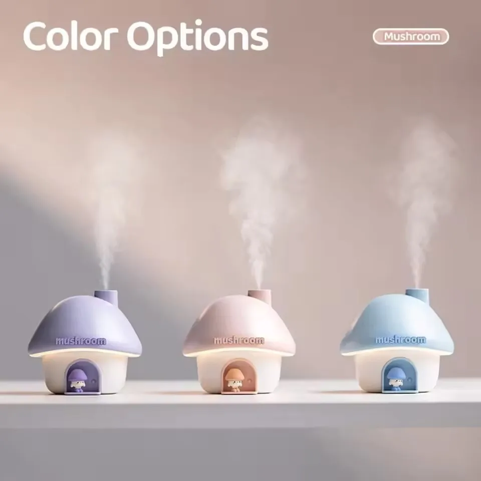 Cartoon Air Humidifier 300ml Mini Essential Oil Aroma Diffusers Colorful Lighting Cute Mushroom House Home Ultrasonic Humidifier 6