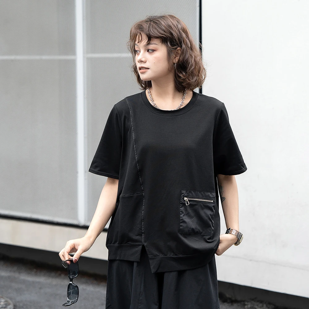 

240385 Women Solid Color Irregular Pocket Zipper Casual T-shirt New Round New Short Sleeve Fashion Pesonality Tide Summer 2024