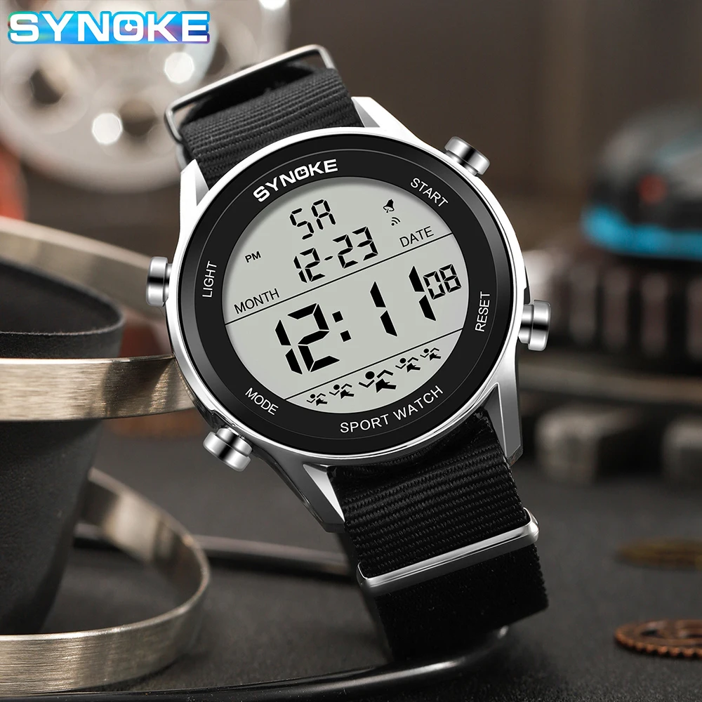Synoke Men Outdoor Sports Multifunctional Waterproof Large Screen Display Luminous LED Digital For Men Nylon Strap Watch 5