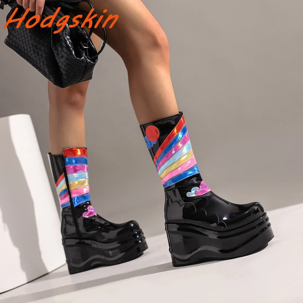 Mixed Colors Mid Calf Boots Round Toe Side Zipper Casual Comfy Height Increasing Shoe Autumn Winter Patent Leather Women's Boots