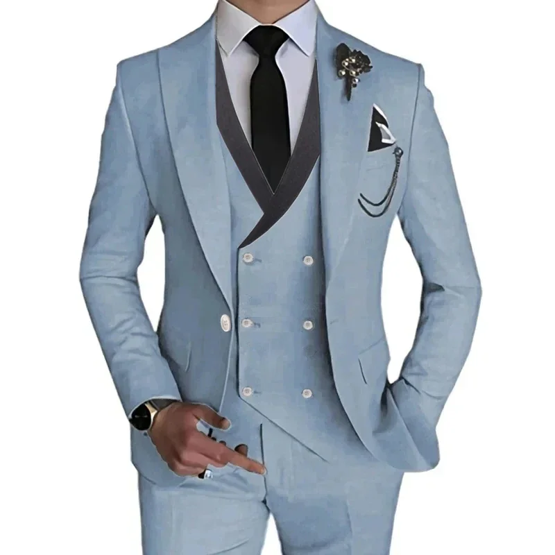 Men's British Style Fashion Boutique Slim Fit Party Stretch Fabric 3 Pieces Sets Suit Pants Vest Blazers Jacket Coat Trousers mens suit