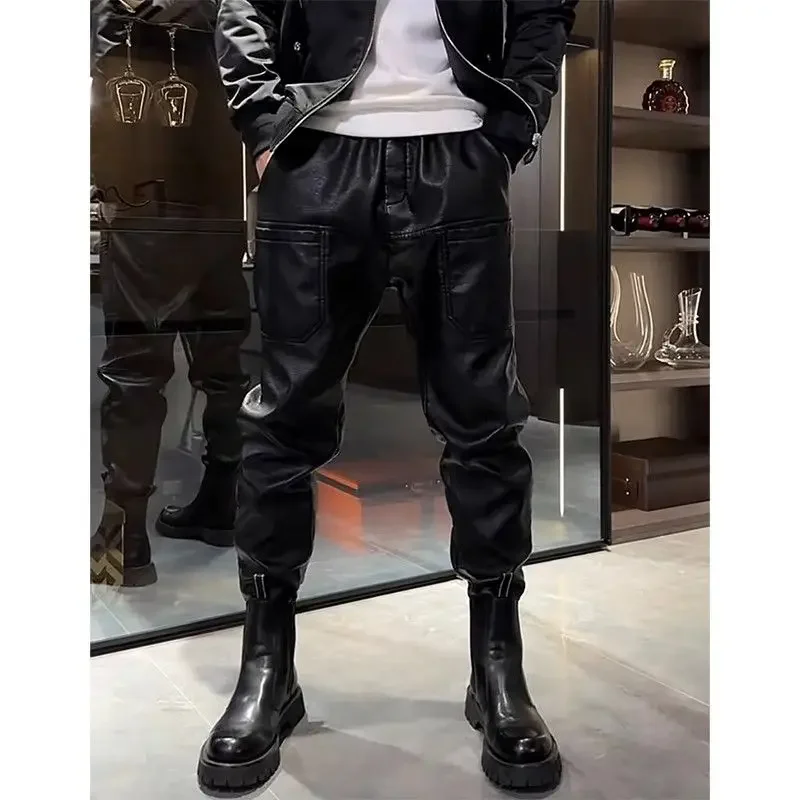 2024 Winter High-end Trend Fleece Thickened Leather Pants Men's Waterproof Casual Pants Six Pocket Biker Rider Small Foot Pants
