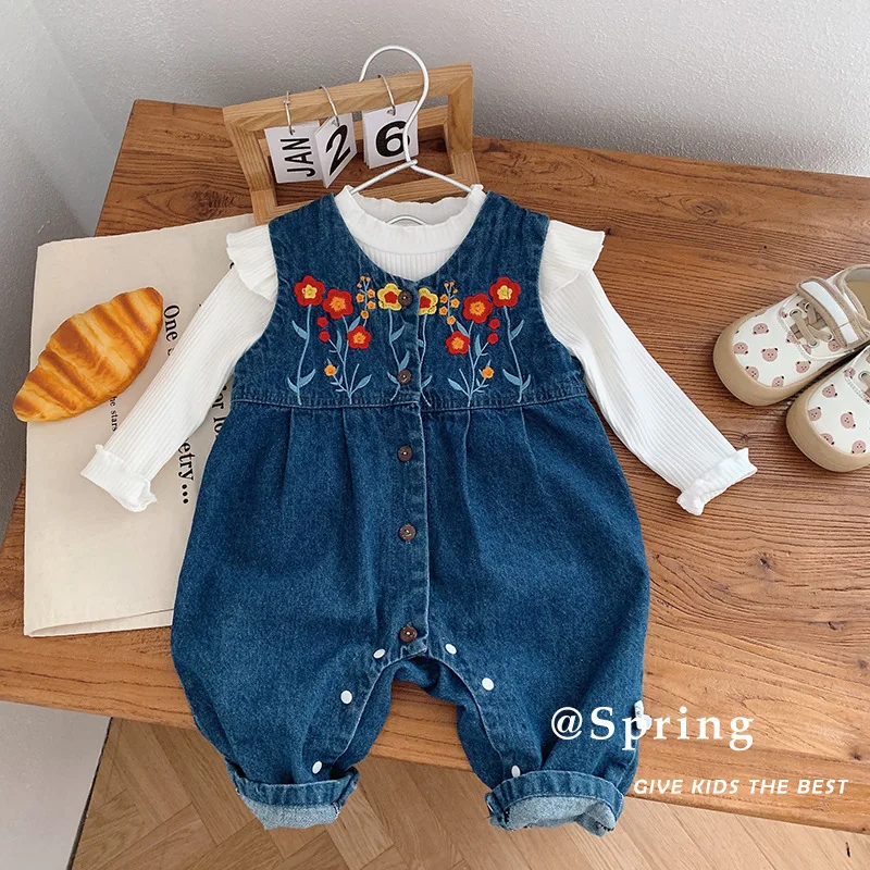 

2023 Spring New Fashion Jumpsuit Comfortable and Casual Sleeveless Denim Romper Baby Korean Style Embroidered Boutique Clothing