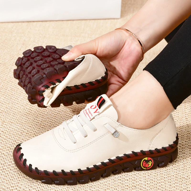2022 New Spring Autumn Women Thick Sole Loafers Lace Up Leather Ladies Casual Flat Shoes Slip On Comfort Mom Shoes Mujer Zapatos