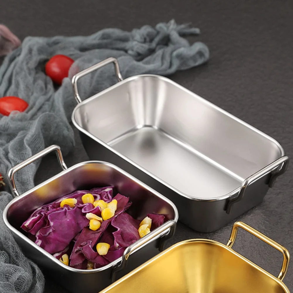 Stainless Steel Food Storage Tray Double Ears Fried Chicken Square Plate Snack Fruit Plate Food Display Kitchen Tools, A